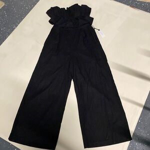 ASTR the label BLACK Ruffle Bodice Tie Back Strapless Cotton & Linen Jumpsuit  M